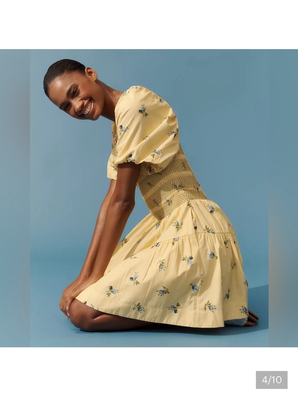 Anthropologie Puff Sleeve Square neck Smocked Mini Dress Large Yellow NWT - Picture 5 of 9